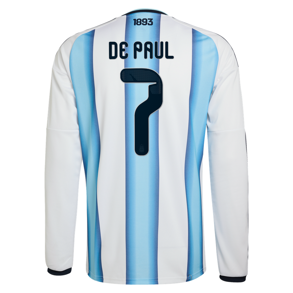 Rodrigo De Paul Argentina National Team adidas 2026 Home Replica Long Sleeve Jersey - White